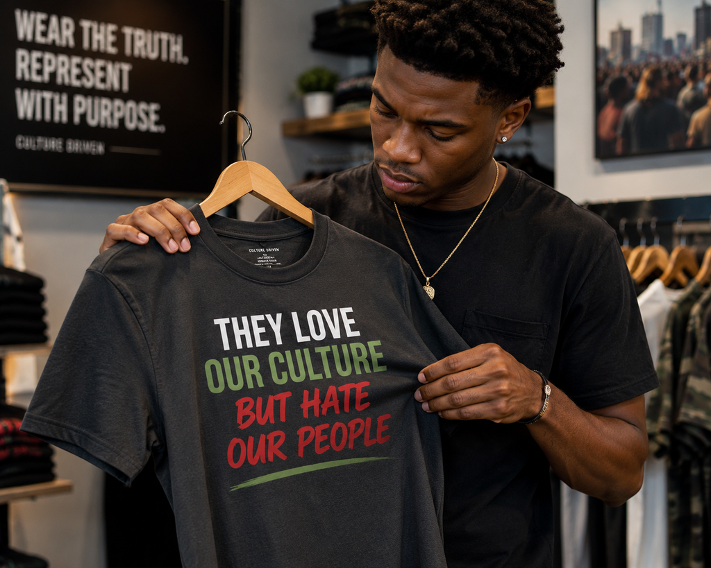 “THEY LOVE OUR CULTURE BUT HATE OUR PEOPLE” fitted graphic tee