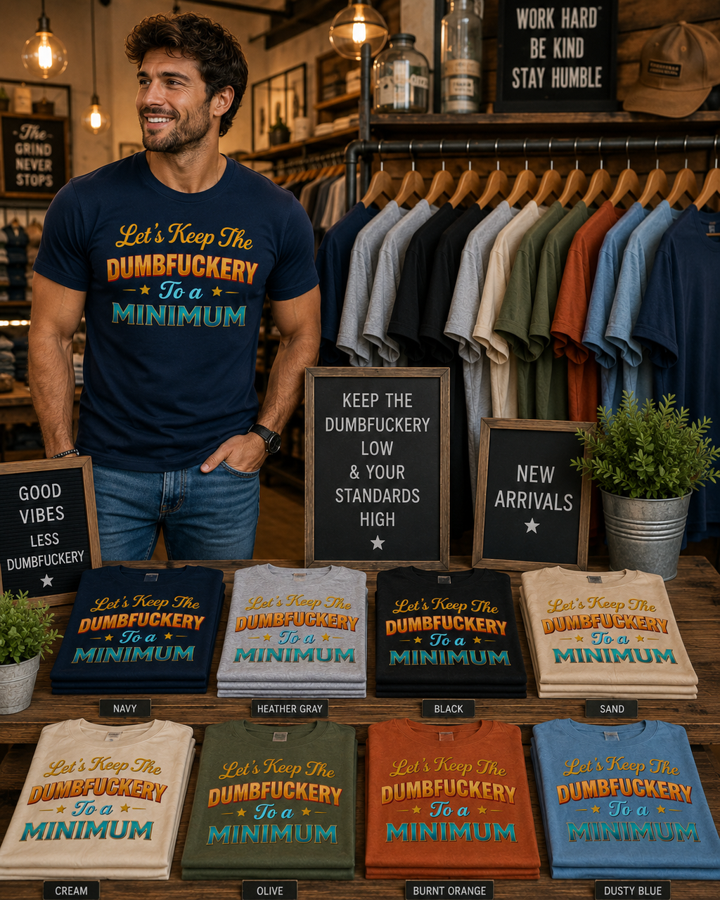 “LET’S KEEP THE DUMBFUCKERY TO A MINIMUM” graphic tee